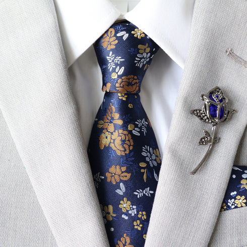 Clara Blue & Gold Floral Traditional Wide Tie
