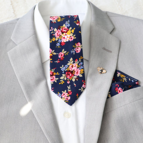Madison Dark Blue Floral Cotton Slim Tie