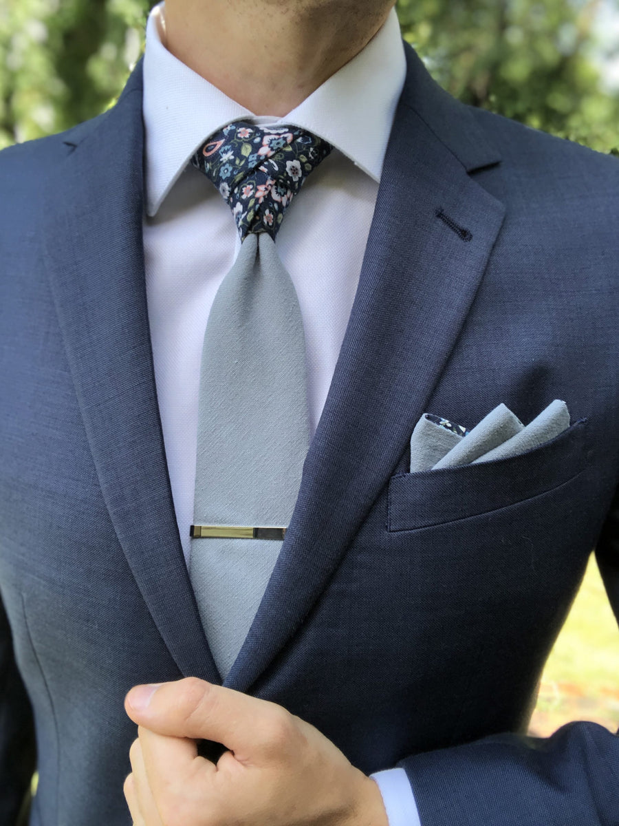 Dusty Blue Solid Front & Floral Tail Tie – Tie Mood