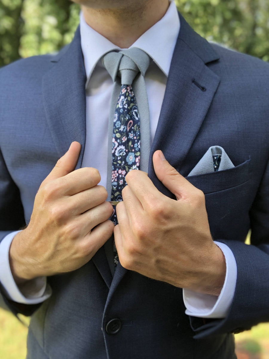 Dusty Blue Solid Front & Floral Tail Tie – Tie Mood