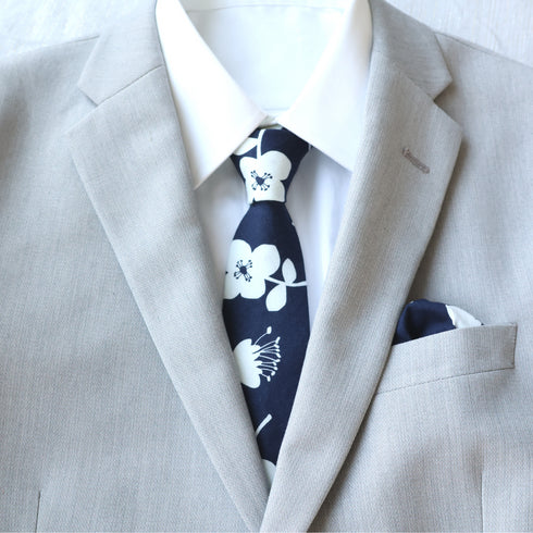 Navy Blue Floral Tie & Pocket Square Set