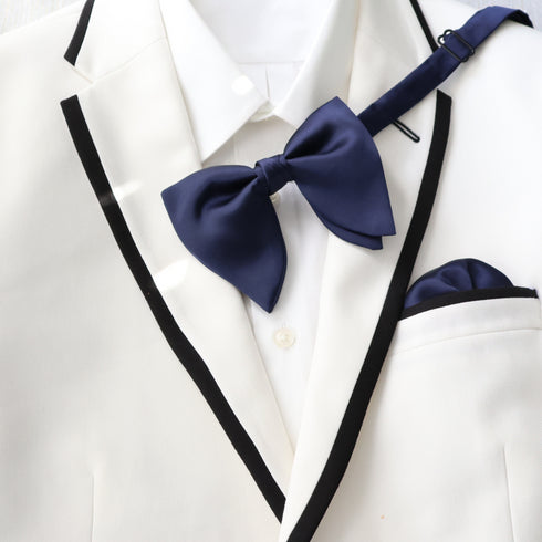 Navy Blue Oversized Satin Bow Tie & Pocket Square Set