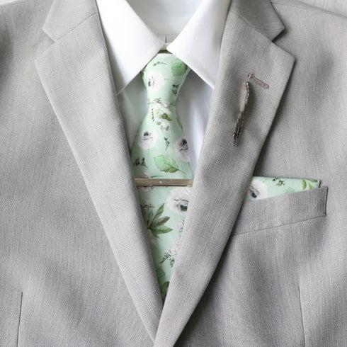 Pistachio Light Green Peony Floral Tie & Pocket Square Set