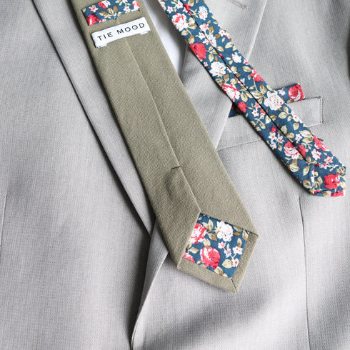 Olive Green Cotton Solid Front & Green Floral Back Tie