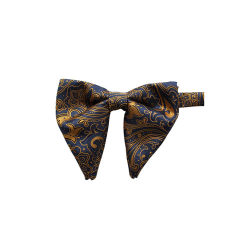 Blue & Gold Paisley Long-Tail Bow Tie & Pocket Square Set