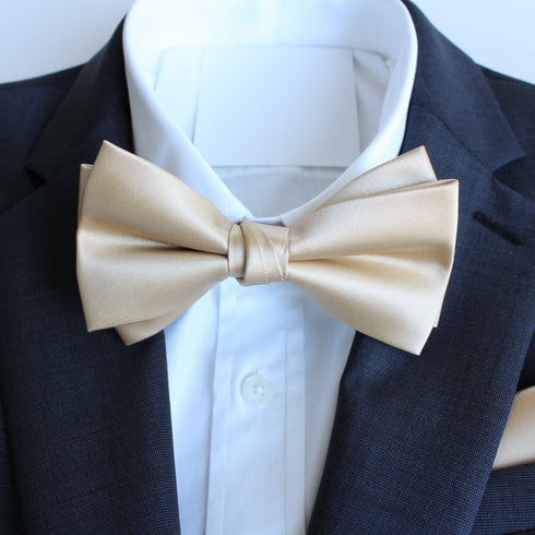 Double-Deck Gold Satin Bow Tie & Pocket Square Set