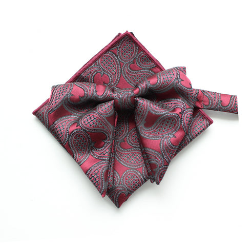 Red Paisley Long-Tail Bow Tie & Pocket Square Set