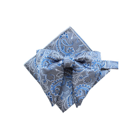 Silver Paisley Long-Tail Bow Tie & Pocket Square Set