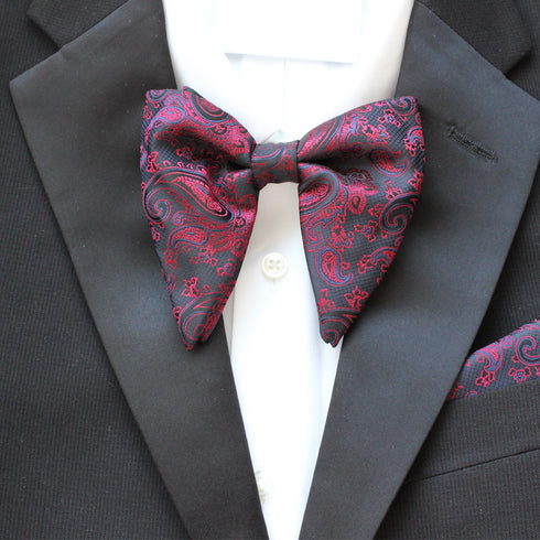 Red & Black Paisley Long-Tail Bow Tie & Pocket Square Set