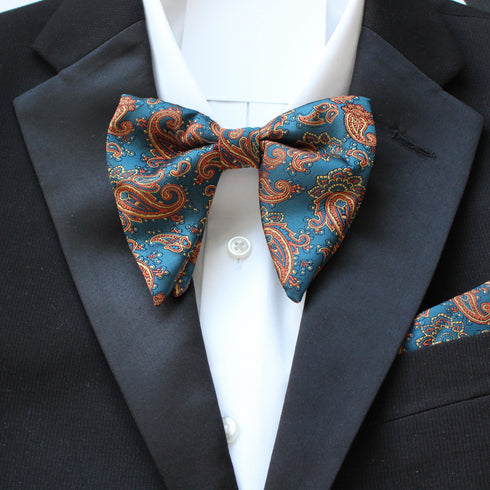 Teal & Gold Paisley Long-Tail Bow Tie & Pocket Square Set