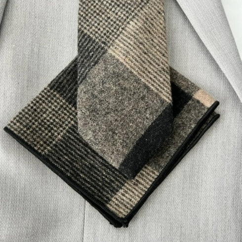 Brown & Black Plaid Skinny Tie & Pocket Square Set