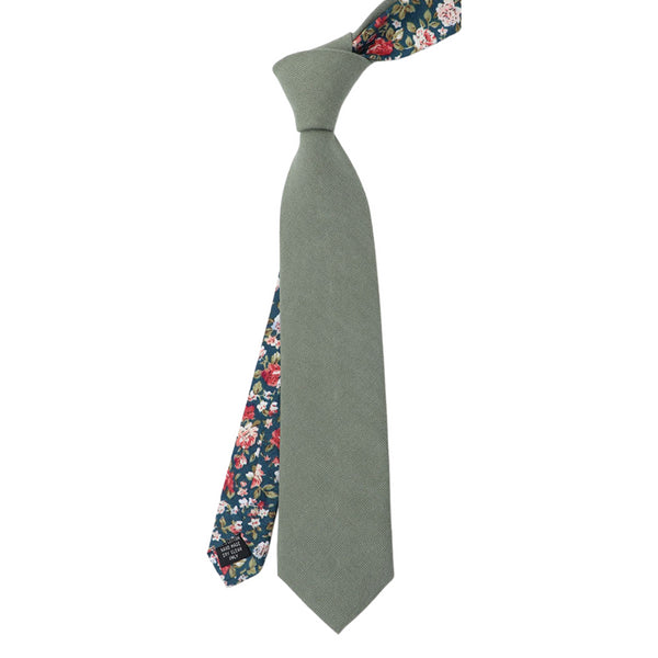 Olive Green Cotton Solid Front & Green Floral Back Tie