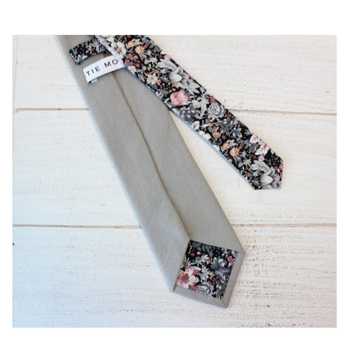 Maddox Two-Tone Light Gray Solid Front & Black Floral Tail Tie