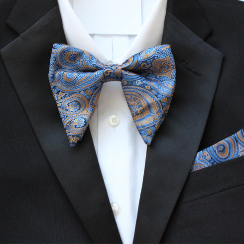 Blue Paisley Oversized Long-Tail Bow Tie & Pocket Square Set