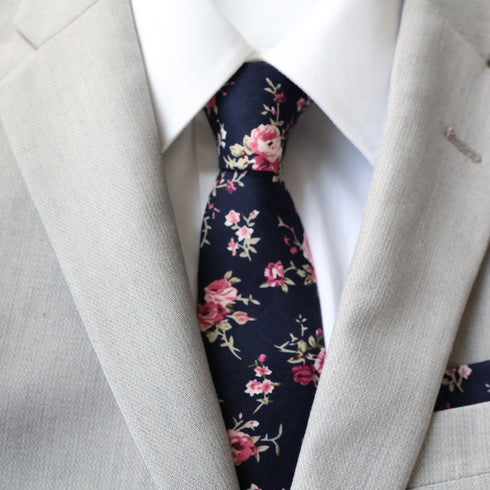 Ezra Dark Blue & Pink Floral Skinny Tie
